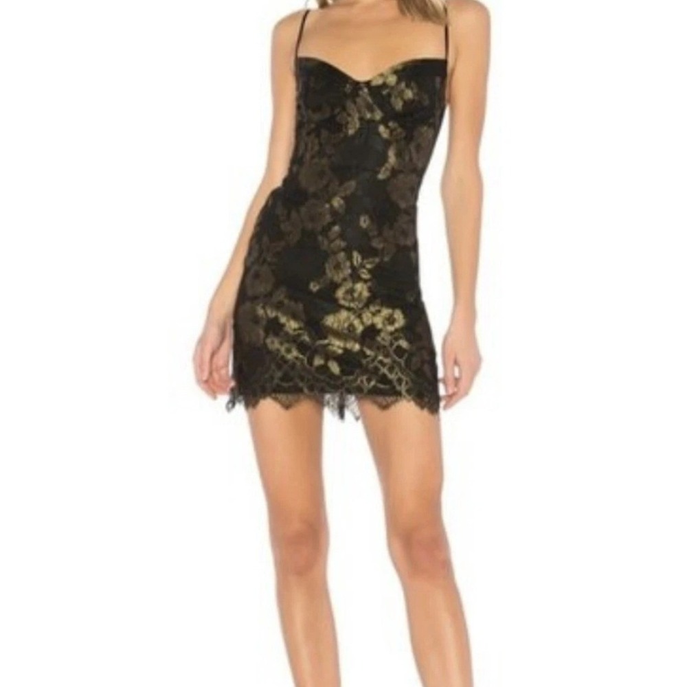 For Love & Lemons Black Gold‎ Floral Lace Mini Dress Spaghetti Strap Cocktail